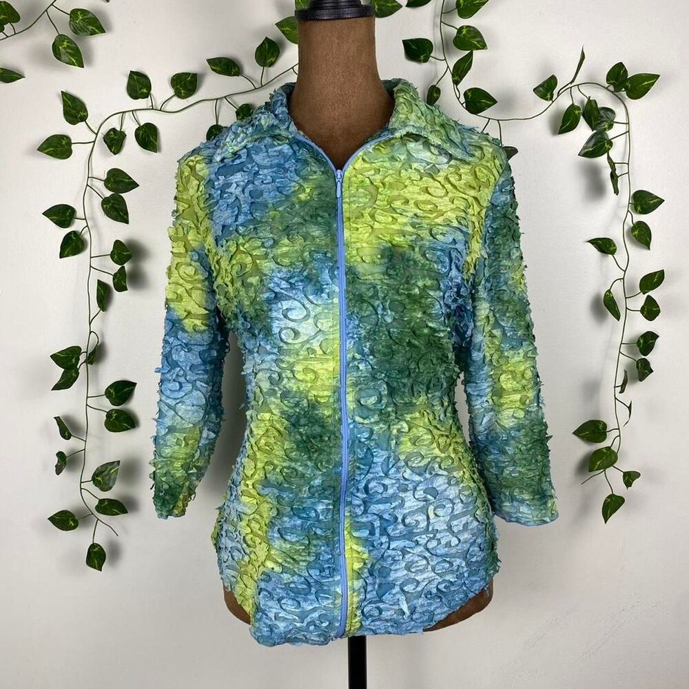 Snoskins blue and green tie-dye zip up jacket swirl textured fairy artsy sporty